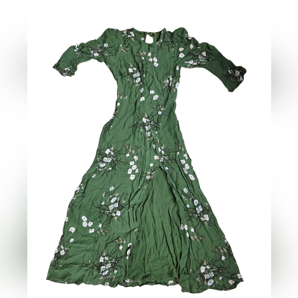 Green Floral Print Ruched Sleeve Slit Boho Maxi Dress Size 0